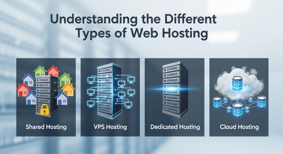 Different Types of Web Hosting Shared Hosting, VPS Hosting, Dedicated Hosting, Cloud Hosting